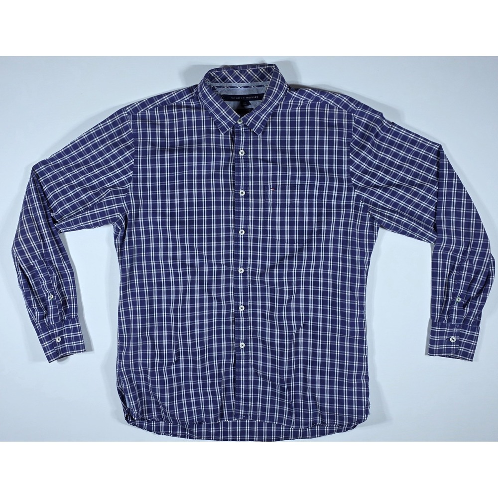Tommy Hilfiger Mens Custom Fit Plaid‎ Button Down Shirt Navy Blue White Large